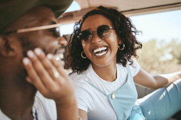 Love, black couple and road trip driver, vacation or summer holiday. Happy, smile and man, woman and travel in car bonding, fun and spending quality time together on romantic getaway in happiness.