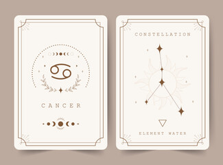 Cancer. Witchcraft cards with astrology zodiac sign and constellation. Perfect for tarot readers and astrologers. Occult magic background. Horoscope template. Vector illustration in boho style.