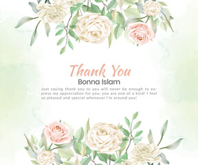 Green rose floral thank you card with watercolor background