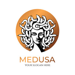 Medusa gorgon logo. Head of a woman with snakes. Protective amulet. Logo for different directions. Vector image.