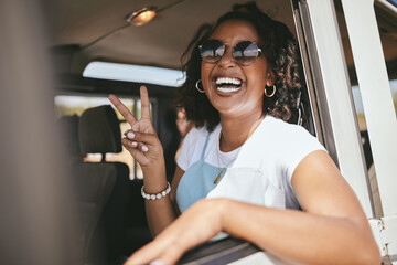 Woman, smile and road trip show peace in car, pickup or truck for vacation, holiday and relax. Girl, happy and smile in portrait in jeep, vehicle or van on travel on road, street or highway in Africa - obrazy, fototapety, plakaty