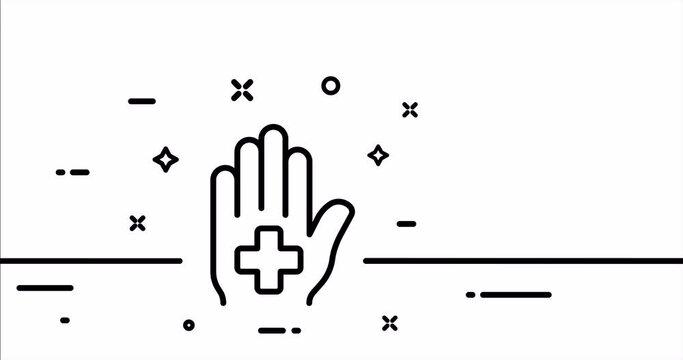 Hand with red cross. Toothpaste, shower, hand wash, dryer, water faucet, bath, soap, etc. Personal care concept. One line drawing animation. Motion design. Animated technology logo. Video 4K
