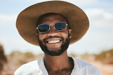 Happy man, portrait and safari travel outdoors for vacation, holiday and adventure to explore in...