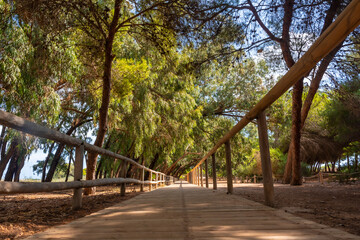 Beautiful wooden walkway on the path of the Lagunas de la Mata Natural Park in Torrevieja, Alicante