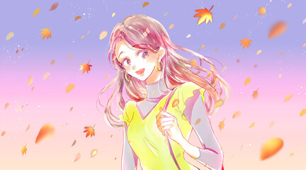 出かける女性　秋イメージ　紅葉