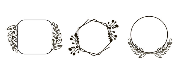 Simple Branch wreath line frames. floral decorative elements. Award leaves silhouettes. Hand drawn decorative set in vector