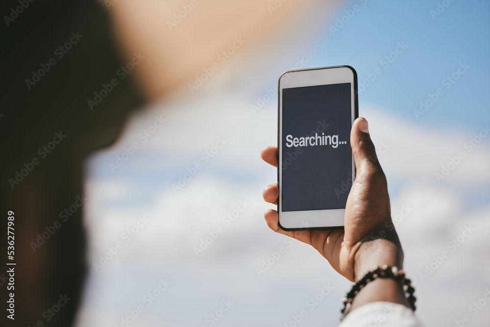 Poster Mobile phone, lost connection and sky network for 5g wifi problem, poor data reception and satellite service. Man hands searching for internet connectivity, smartphone screen and tech app gps update