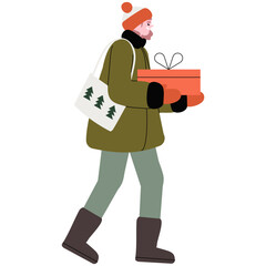 Woman walking with a christmas gift box with presents. Christmas theme for banner, flyer or landing page with happy man being in a festive mood walking from a christmas fair or market.