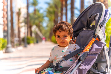 City of Alicante. A boy in a car on the Las Olas walkway with beautiful palm trees on the coast