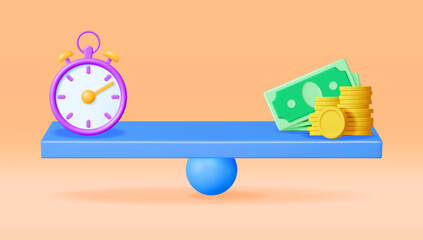 Obraz premium 3D Clock and Money on Balance Scales Isolated. Render Time is Money Concept Annual Revenue, Financial Investment, Savings, Bank Deposit, Future Income, Money Benefit. Vector Illustration