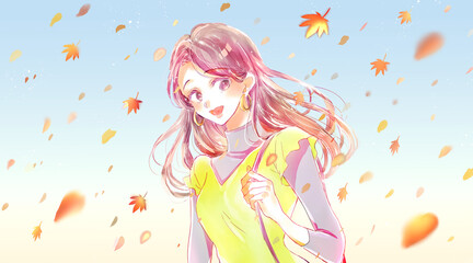 出かける女性　秋イメージ　紅葉