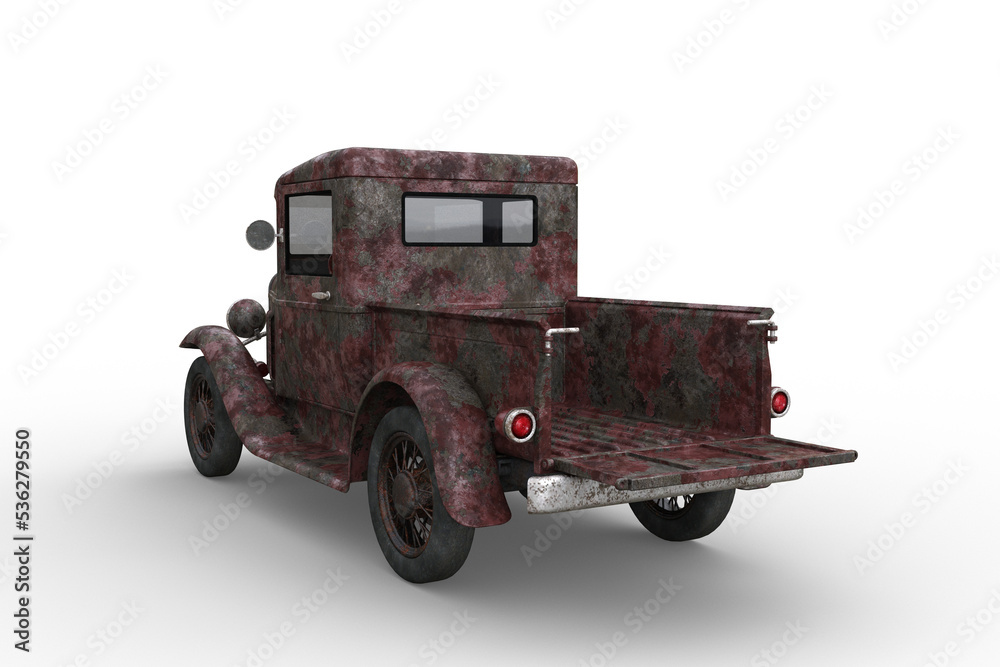 Poster rear view of rusty old vintage pickup truck with tailgate down. 3d rendering isolated.