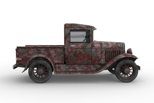 Rusty old vintage pickup truck. 3D rendering isolated.