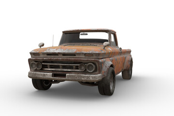 Rusty retro style orange pickup truck. 3D illustration isolated. - obrazy, fototapety, plakaty