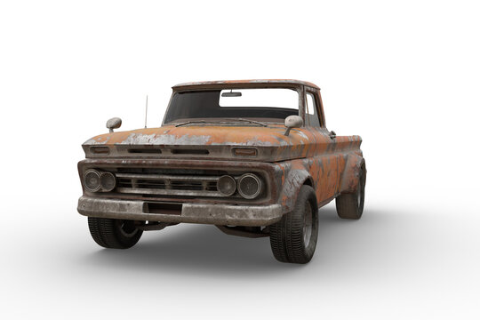 Rusty retro style orange pickup truck. 3D illustration isolated.