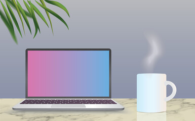 Mock-up with a laptop and a hot cup of coffee on a marble desk with palm leaf beside
