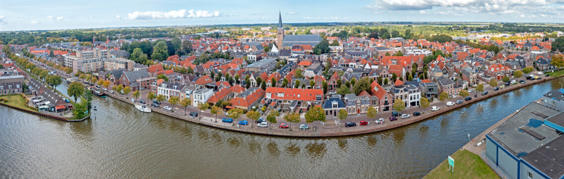 Aerial panorama from the traditional city Franeker in Friesland the Netherlands