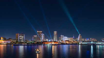 Fototapeta premium Yokohama Minato-Mirai area nightscape with laser show.