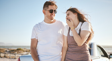 Road trip, couple and love with a man and woman laughing while enjoying travel and tourism together during summer. Happy, smile and romance with a young male and female on a trip or vacation