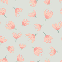 Fototapeta na wymiar Pink abstract flower heds. Hand drawn plants on pale background. Doodle elements and dots. Vector background for cards, wrapping or wallpaper.