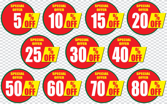 5, 10, 15, 20, 25, 30, 40, 50, 60, 70, 80, percentage off, Discount stickers set for shop, retail, promotion 