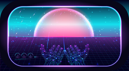 Futuristic metaverse, cyberspace concept with glowing low poly human hands 