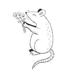 Obraz premium Hand drawn doodle rat with flower bouquet. Mouse sketch. Cartoon character. Black and white vector illustration.