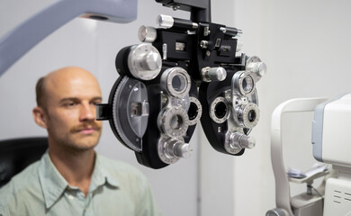 Young man checking his eyes to make glasses.