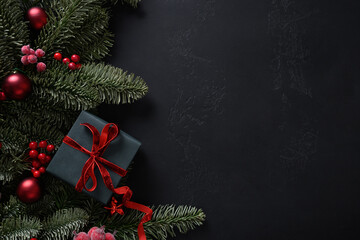 Christmas gift , red decorations, evergreen branches on black background with copy space. Xmas...