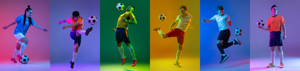 Male and female soccer players in action. Collage of different professional sportsmen in motion...