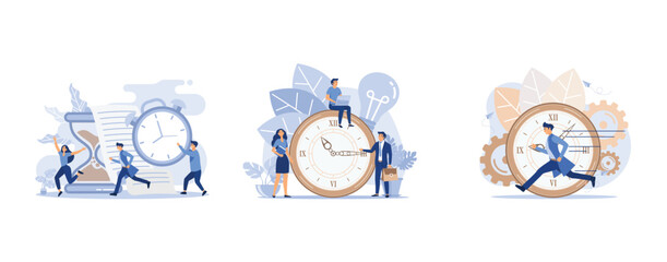 Concept save time, Money saving, alarm clock rings on white background, people rush to do everything at work, set flat vector modern illustration