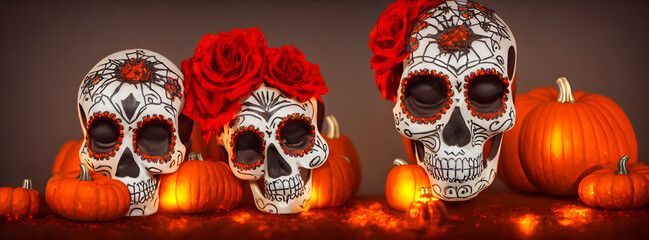 Day of the Dead skulls. Dia de los muertos. Day of the dead and mexican Halloween background. Mexican tradition festival. Day of the dead sugar skull. Dia de los Muertos
