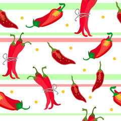 Seamless pattern of pepper pods in bundle, slices and halves of red chili pepper. Hot pepper, paprika and spices. striped pattern of the cover, advertising, blog, menu and print on fabric. Vector