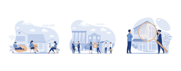 group of people working from home on the internet online, Buying and choosing housing, real estate business concept, set flat vector modern illustration