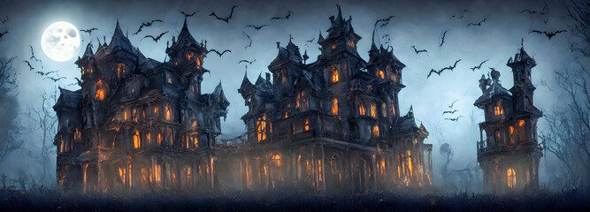 Haunted House. Creepy Atmosphere for Halloween. Fog, Moon light. Illuminated windows. Banner header size - obrazy, fototapety, plakaty