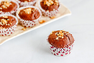 Chocolate Walnut Muffins Close Up Shallow Background Photo