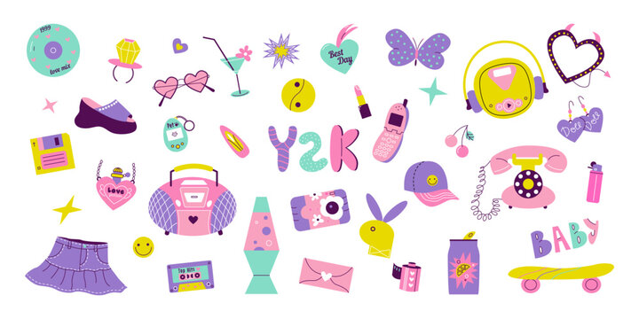 Y2k aesthetic elements set on white background. 90s 2000s style glamour girly collection. Cartoon vector illustrations for icon, sticker, patch. Cute trendy 00s nostalgia graphic design