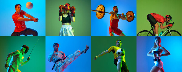 Sport collage of professional athletes posing isolated on multicolored background in neon. Volleyball, boxing, cycling, karate, fitness, weightlifting