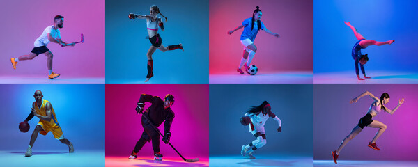 Floorball, basketball, kickboxing, soccer, hockey and gymnastics. Sport collage of professional...