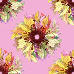 Never ending seamless autumn background with leaves rosettes motif. Pink and yellow tones pattern. 
