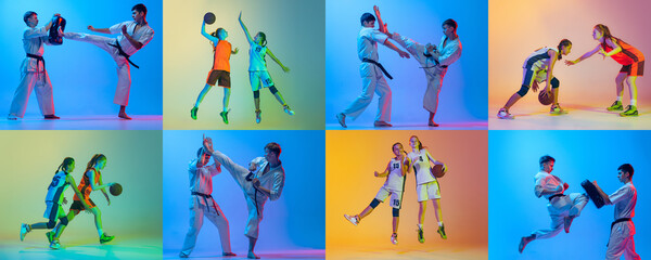 Sport collage of professional athletes posing isolated on multicolored background in neon....