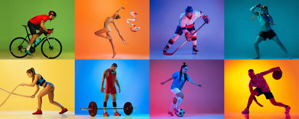 Sport collage of professional athletes isolated on colorful background in neon. Cycling,...