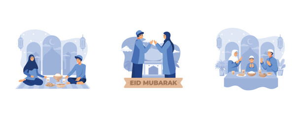 Ramadan kareem. Iftar Eating After Fasting concept, happy ramadan mubarak greeting concept with people character for web landing page template, banner, presentation, social, and print media, Moslem fa