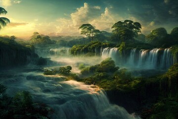 sunset rainforest panorama with waterfall, jungle river with tropical vegetation, exotic fantasy landscape, fictional landscape created with generative ai