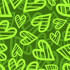 Cute funny green hearts concept seamless pattern. Vector hand drawn cartoon kawaii character illustration icon. Cute kawaii hearts cartoon seamless pattern concept