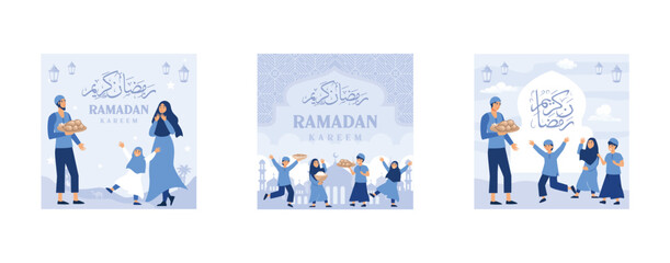 Iftar Eating After Fasting feast party concept, Moslem family dinner on Ramadan Kareem or celebrating Eid with people character, web landing page template, banner, presentation, social or print media,