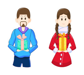 Vector illustration of the characters of a man and a woman with gifts for the decoration of postcards, websites, printing, for the holidays.