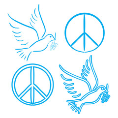Symbol flying bird and Peace Sign. Line art dove flying pigeon and Peace Sign logo drawing