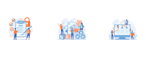 Nondisclosure agreement, confidentiality agreement form, confidential disclosure agreement concept, Poker player, lucky casino winner, HR manager searching candidate CV, set flat vector modern illustr