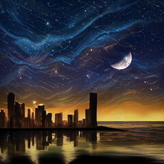 futuristic   seascape and moon night city blurred light under dramatic  starry blue sky  star fall on bright universe space